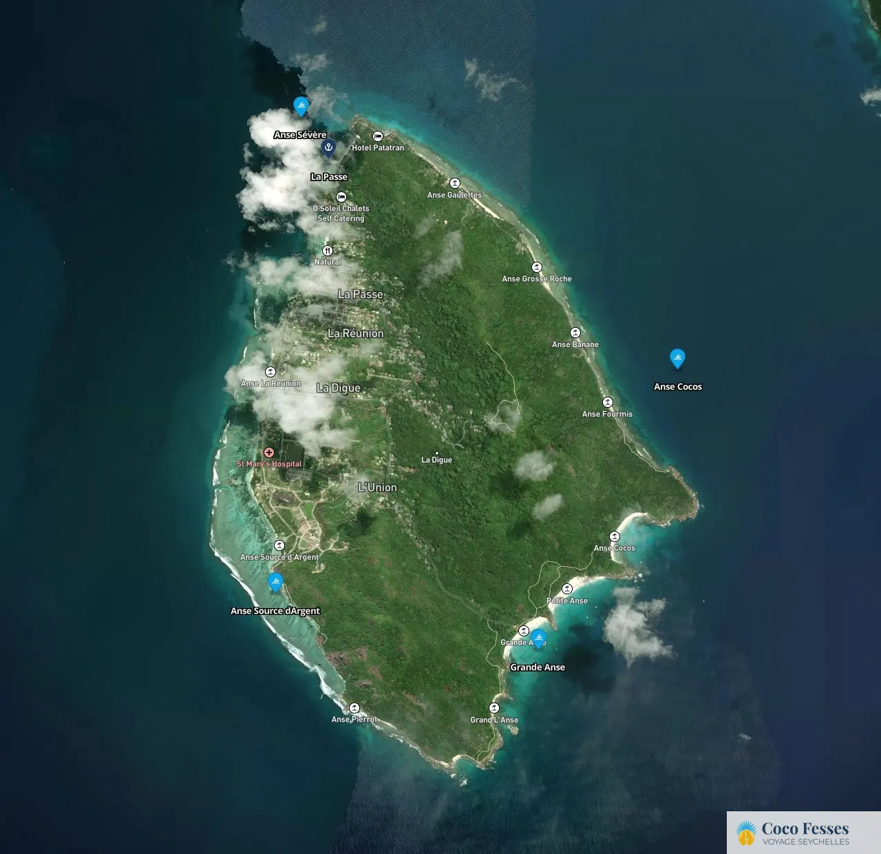 Carte de La Digue avec les principales plages : Anse Source d'Argent, Grande Anse, Anse Cocos et Anse Sévère