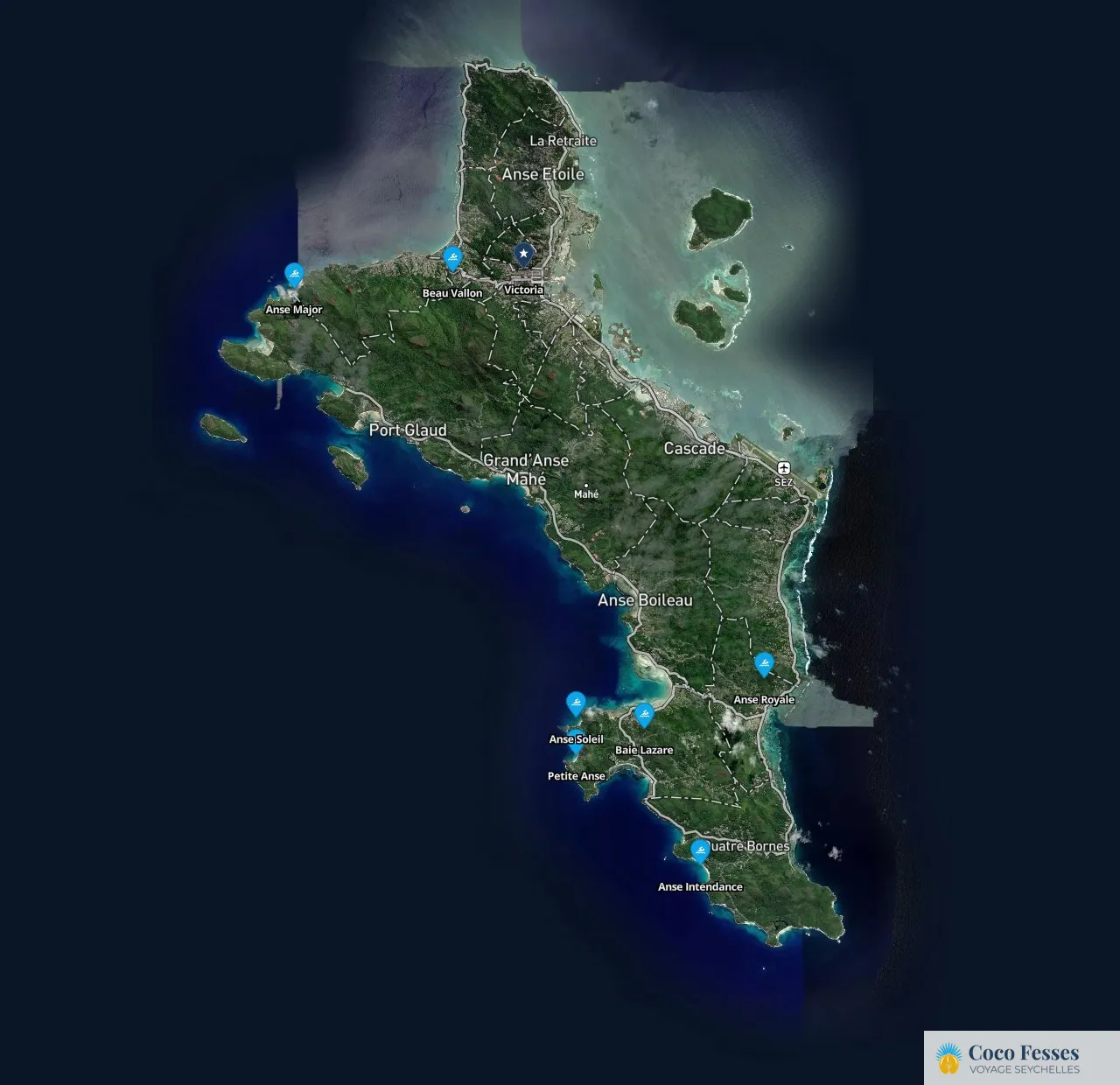 Carte de Mahé avec les principales plages : Beau Vallon, Anse Intendance, Anse Royale, Anse Soleil, Baie Lazare et Anse Major