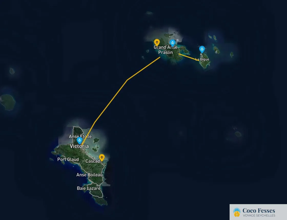 Carte de situation des trois îles principales des Seychelles avec les liaisons ferry