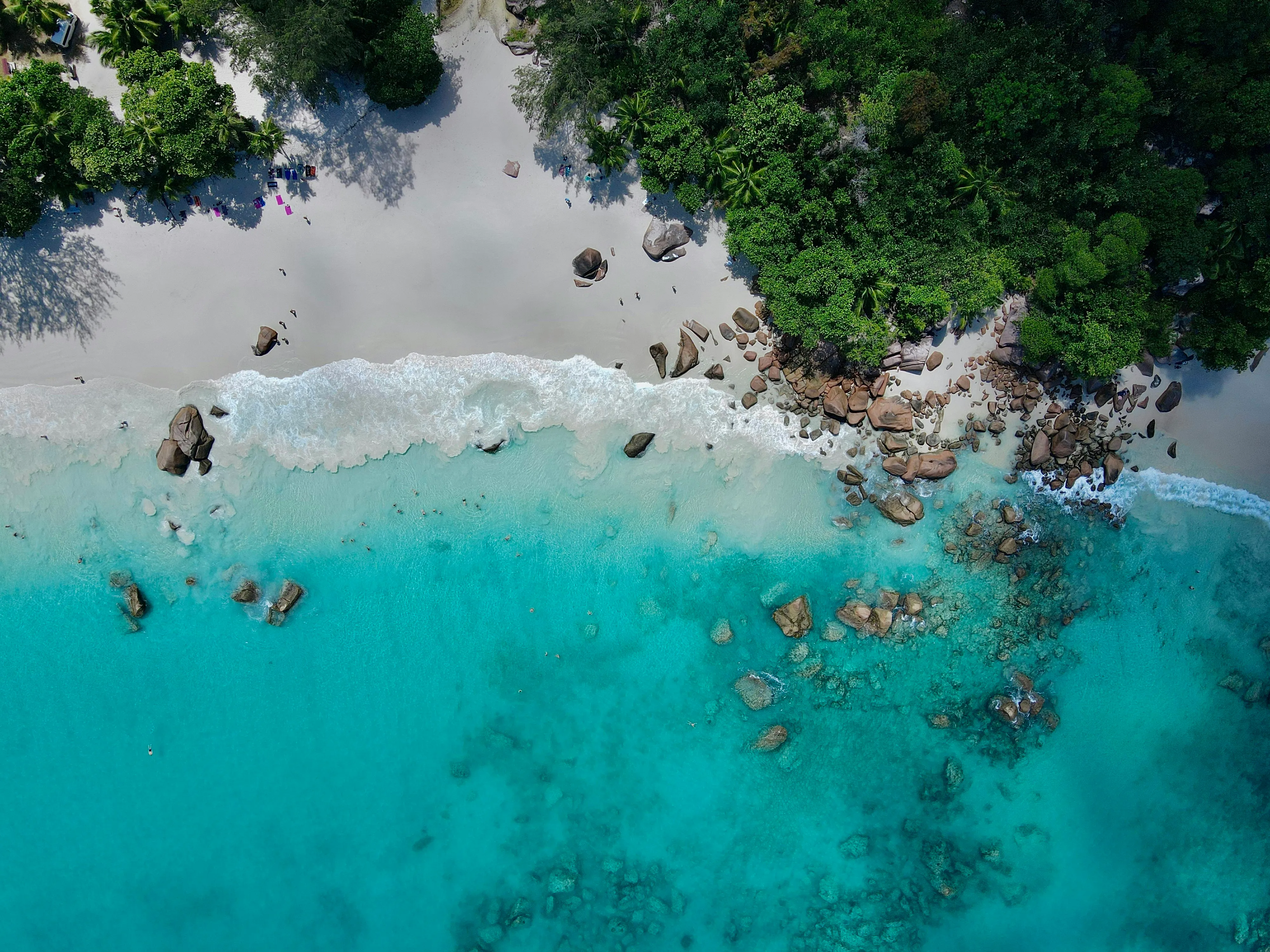 Vue aérienne d'une plage des Seychelles aux eaux turquoise
