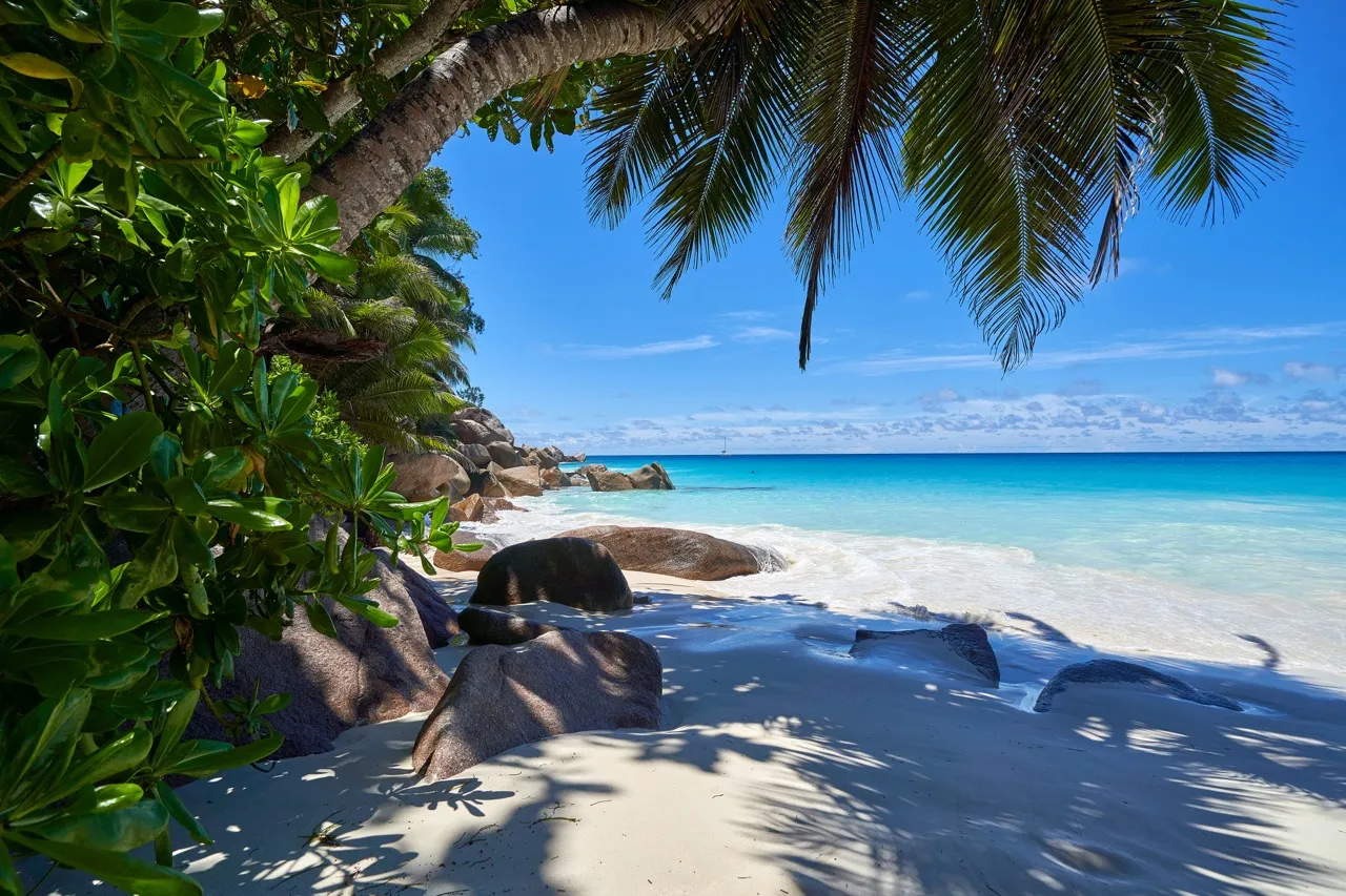 Plage paradisiaque des Seychelles avec rochers de granit et eau turquoise