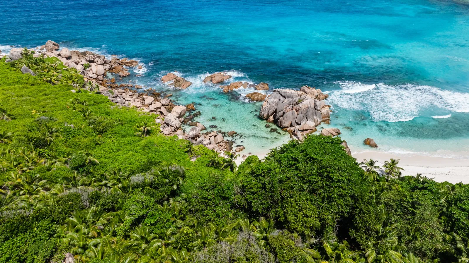 Vue aérienne d'une plage paradisiaque de La Digue aux eaux cristallines
